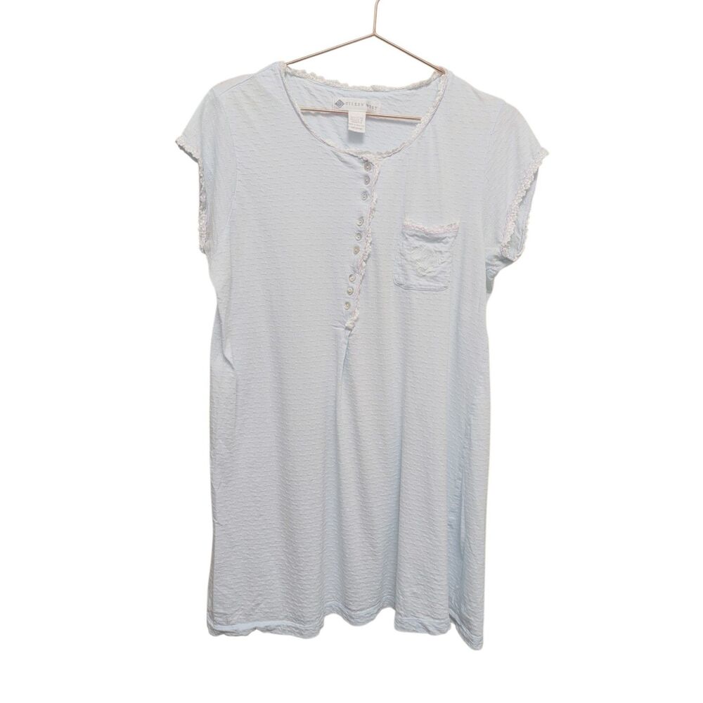 Eileen West Womens Nightgown Blue White Lace Trim Pocket Cap Sleeve Sz MEDIUM